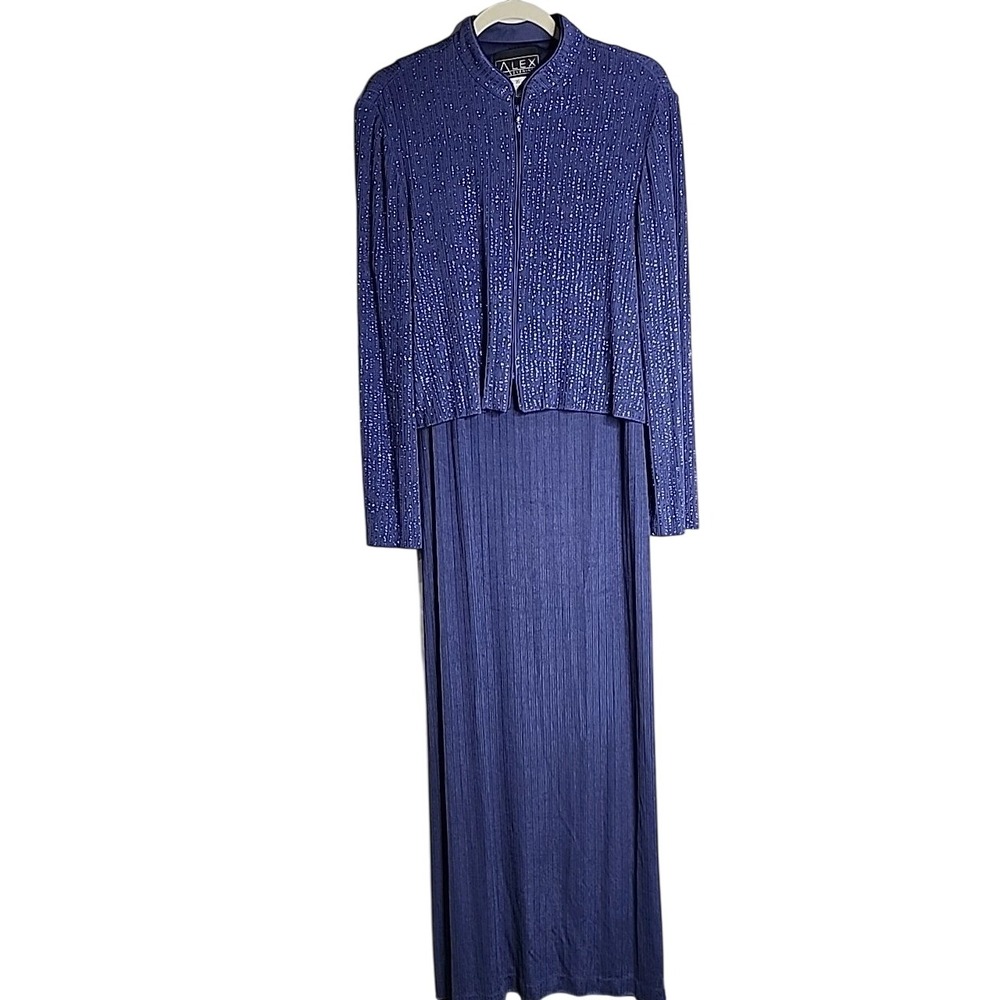 Alex Evenings Womens 16 Blue Glitter 2pc Maxi Dress and Jacket Set Formal Gown